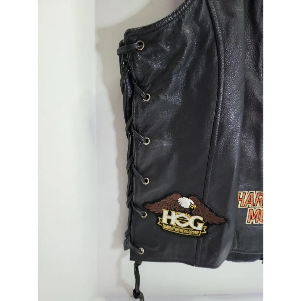 Harley‎ Davidson Black Leather Vest Size Large With Multiple Patches RN # 103819